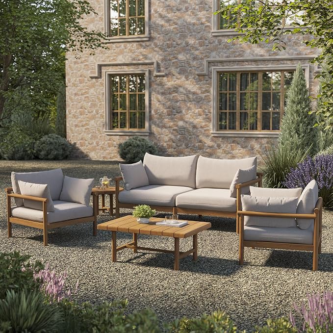 Modway Eleni 5-Piece Outdoor Teak Wood Patio Furniture Set in Natural Sail – Backyard Conversation Set with Loveseat, 2 Armchairs, Side Table, and Coffee Table