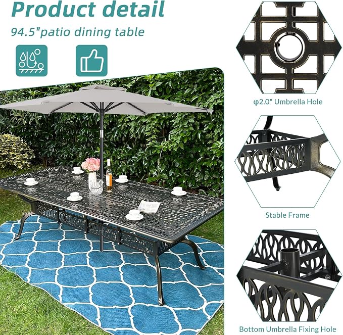 MEETWARM 9-Piece Outdoor Patio Dining Set for 8, All Weather Cast Aluminum Patio Funiture Table and Chairs Set- 94.5” Rectangular Table and 8 Cushioned Chairs for Garden, 2" Umbrella Hole, Chili Red