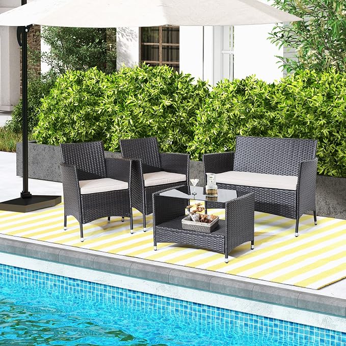 Tangkula 4 Pieces Patio Furniture Set, Patiojoy Outdoor PE Wicker Conversation Set with Soft Cushions and Tempered Glass Tabletop, Outdoor Garden Furniture Set with 2-Tier Coffee Table (Brown)