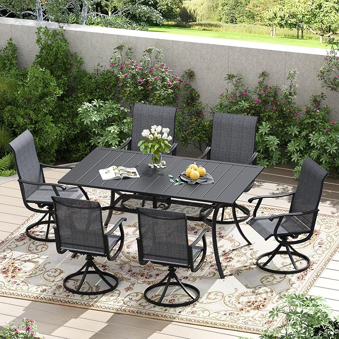 7 Pieces Patio Furniture Dining Set, 6 Textilene Swivel Dining Chairs, 59" Outdoor Rectangular Metal Table with 1.57" Umbrella Hole, Outdoor Dining Set for Porch, Lawn, Garden, Black/Black