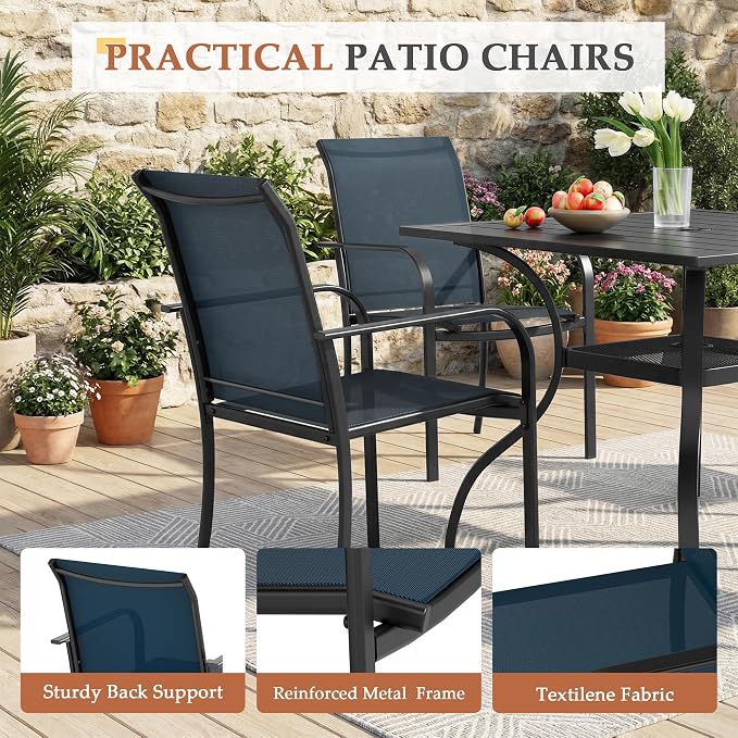 Incbruce 5 Pieces Patio Dining Set, Outdoor Dining Set of 4 Textilene Chairs and Square Table with Umbrella Hole for Backyard, Garden, and Poolside (Blue)