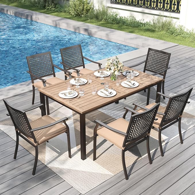 PHI VILLA Outdoor Dining Set for 6, 64" Brown Metal Table w/Umbrella Hole | 7 pcs rectangle wrought iron furniture set w/ cushions. All weather for patio, deck, yard, porch