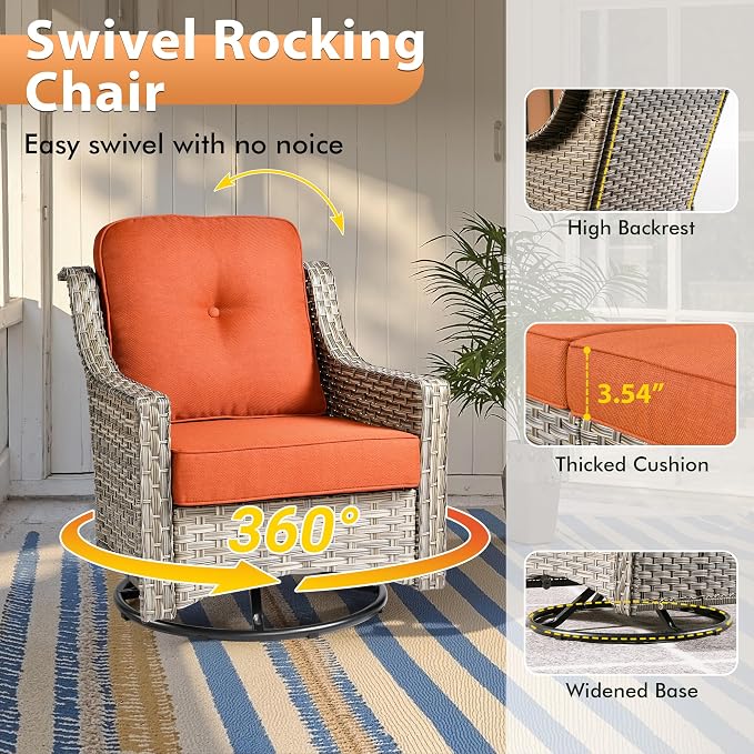 10 PCS Outdoor Patio Furniture Sets, Patio Conversation Sets Outside Rattan Soft Cushion Sofa with 4 Wicker Rocking Chairs & 54 in Fire Pit Table Fit Backyard Porch Garden Poolside Balcony,Orange Red