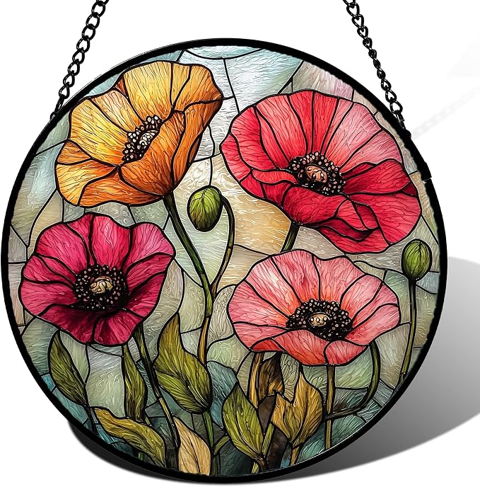 Stained Glass Window Hanging, Red Orange Poppy Birth Flowers Sun Catcher for Door Garden Yard Decor Wildflowers Suncatcher Christmas Mother Birthday Gifts for Women Men Mom Nana 15 in