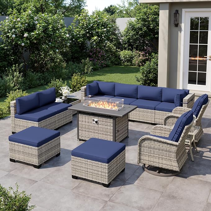 Outdoor Patio Furniture Set with Rocking Swivel Chair, 13-Piece Wicker Rattan Sectional Sofa Conversation Set with 55,000 BTU Fire Pit Table with Ottomans, Backyard Furniture, Navy Blue