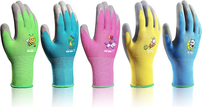 KDK 5 Pairs Kids Gardening Gloves Yard Work Gloves Children Soft Safety Rubber Coated Glove for Toddlers Youth Girls Boys Children (3-5yr S)