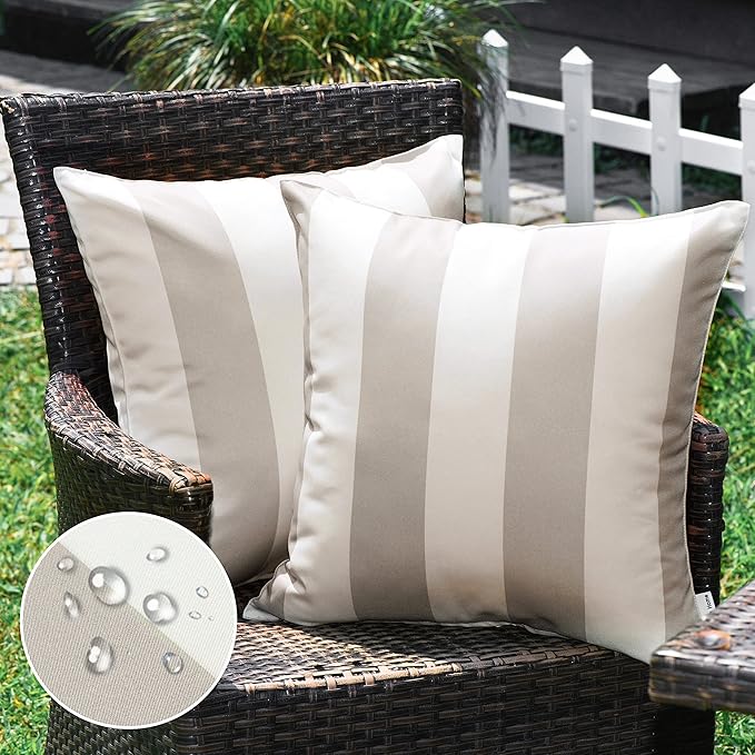 Western Home Pack of 2 Outdoor Waterproof Striped Throw Pillow Covers Beige Grey Decorative Pillowcases Garden Modern Cushion Cases for Patio Tent Balcony Couch Sofa 20x20 Inch | 20x20, Beige Grey,Garden Cushion Covers, Farmhouse Pillowcases for Couch ...