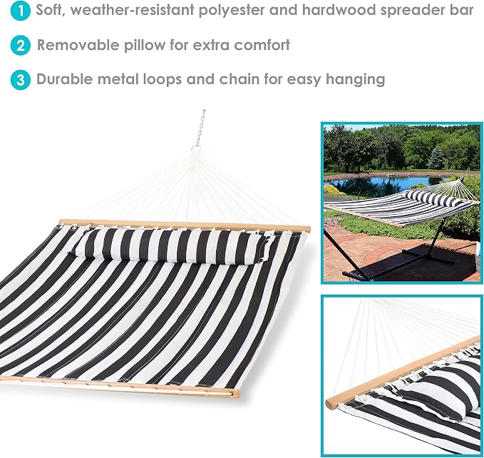 Sunnydaze Set of 2 Outdoor Quilted Fabric Hammocks - 2-Person Hammock with Spreader Bars - Black/White and Blue/Green