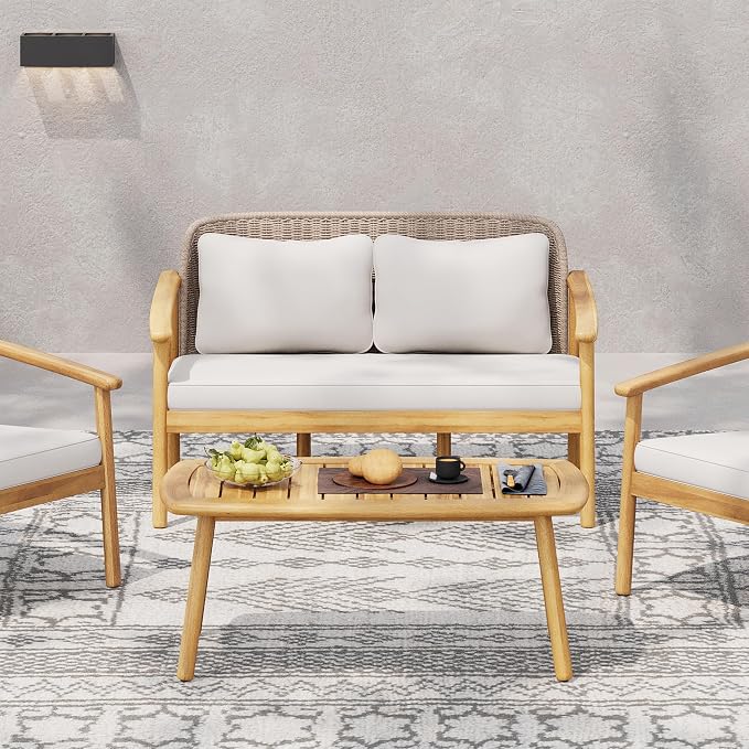 Merax 2 Piece Outdoor Conversation Set with Acacia Wood Coffee Table and Loveseat, Woven Rope Backrest Patio Seating Group, Patio Furniture Set for Porch, Garden, Backyard, Balcony, Light Teak Finish