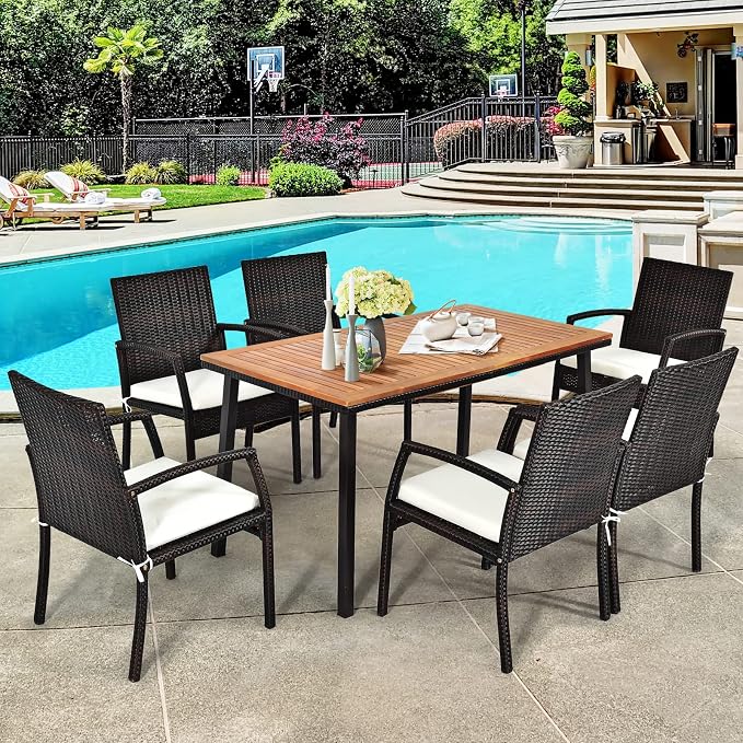 Tangkula 7 Pieces Outdoor Dining Set, Steel Frame Patio Dining Table Set w/ 6 Rattan Armrest Chairs, Modern Conversation Set w/Acacia Wood Top & Umbrella Hole for Backyard Garden Poolside