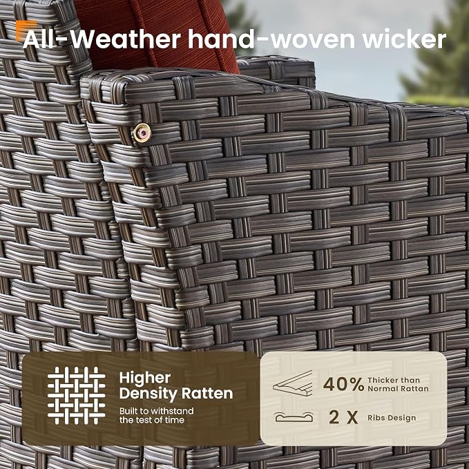 CAODOC Patio Furniture Set, 7 Pieces Outdoor Wicker Rattan Sofa Couch with 4 Chairs, Ottomans and Comfy Cushions, All Weather High Back Conversation Set Garden Backyard, Brown Rattan Red Cushions