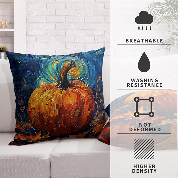 Fall Van Gogh Pillow Covers 18x18 Set of 2 Autumn Pumpkin Under Starry Night Throw Pillow Covers Oil Painting Pillowcase Cushion Case for Home Decor Patio Outdoor Sofa