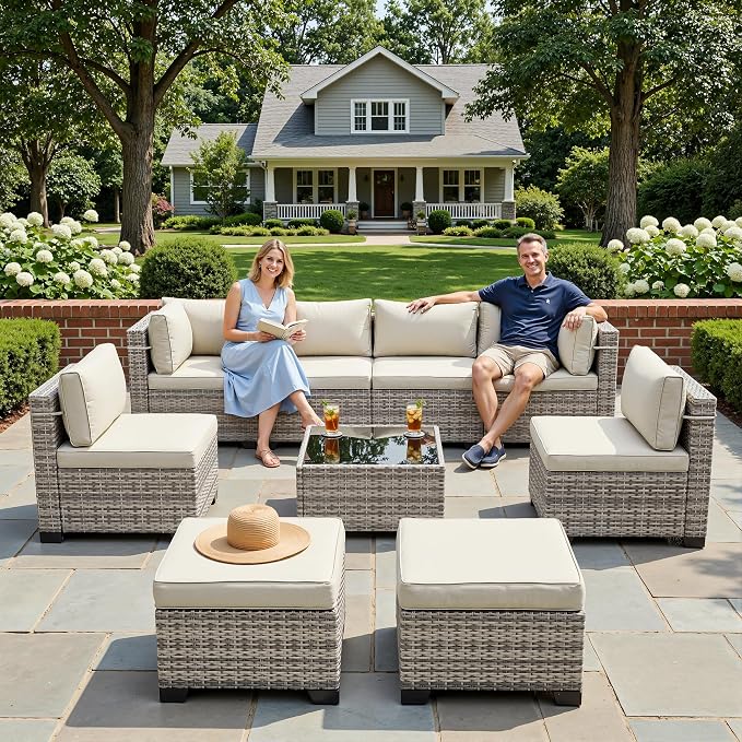 9-Piece Patio Furniture Set, Outdoor Sectional with Ottomans, Modular Patio Sofa, Dual-Strand Wicker Rattan, Rust-Resistant Frame, Backyard Furniture for Garden, Deck, Ivory