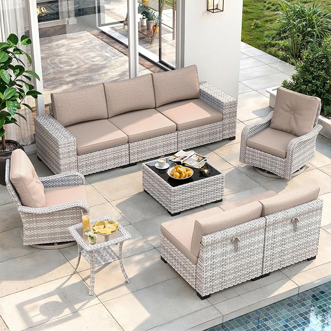 9 Piece Outdoor Patio Furniture Set with Swivel Chairs, 7-Seats Wicker Sectional Sofa Set with Thickened Cushions & Coffee Table for Garden, Backyard, Porch, Beige
