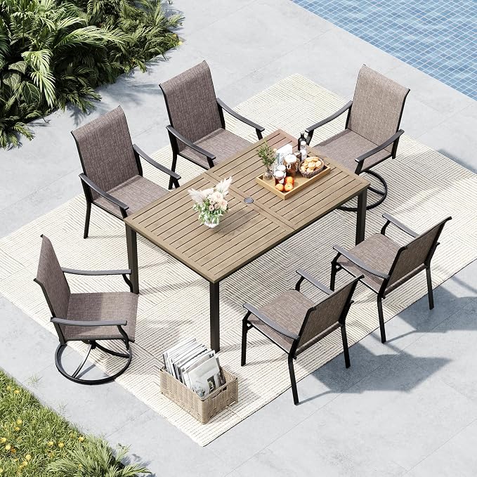 MFSTUDIO Outdoor Patio Dining Set for 6, Outdoor Patio Set with 64"x 38"x 28.5" Wooden Table, 4 Fixed and 2 Swivel Patio Chairs, Heavy Duty Outdoor Dining Table and Chairs for Patio Lawn
