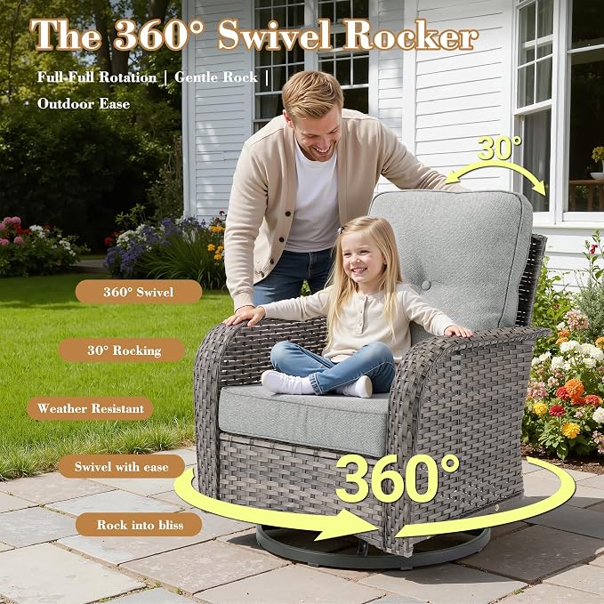 5 Pieces Patio Furniture Set, All Weather Rattan Patio Conversation Sets with Swivel Rocking Chairs, Coffee Table, High Back Outdoor Furniture Loveseat for Porch, Backyard,Dark Grey