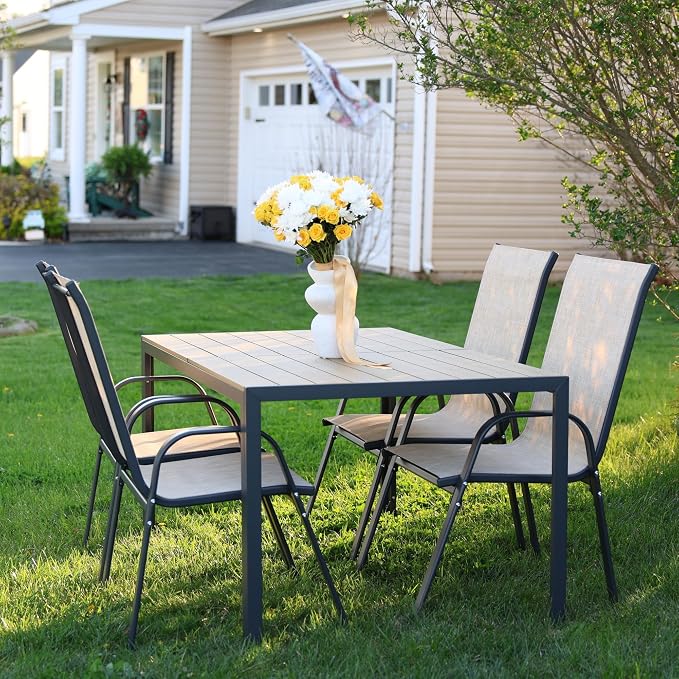 PIZZELLO 7-Piece Outdoor Dining Set Patio Dining Set for 6 Outdoor Table and Chairs All Weather Outdoor Patio Set w/Stackable Patio Chairs and HDPE Table for Backyard, Garden and Poolside, Khaki