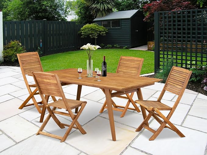 East West Furniture DEFM5CWNA 5 Piece Outdoor Patio Dining Sets Includes a Rectangle Acacia Wood Table and 4 Folding Side Chairs, 40x72 Inch, Natural Oil
