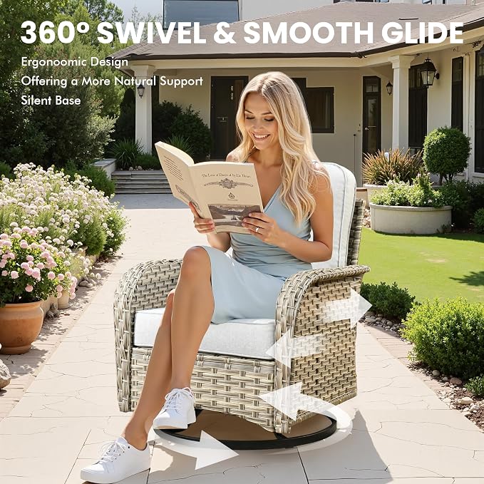 Outdoor Sectional Patio Furniture Set with Swivel Rocking Chairs,9 Pieces Wicker Conversation Sets L Shaped Couch Out Door Sofa Set Outside Furniture for Garden Deck Yard Porch,Grey