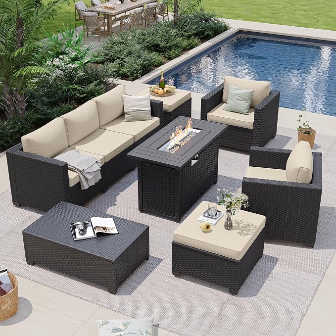 Aoxun Patio Furniture Set with Fire Pit Table, 7 Seats Piece Outdoor Furniture Set with Wicker Ottomans, Rattan Outdoor Sectional Sofa with Storage Table & Waterproof Cover Beige