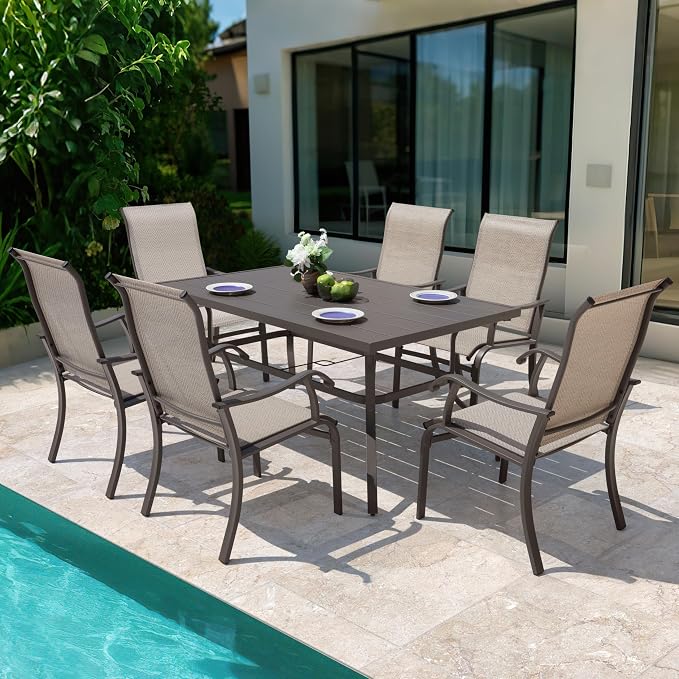 NUU GARDEN 7 Piece Outdoor Dining Set, 6 Textilene Dining Chairs and 60.6'' Rectangular Slatted Table with Umbrella Hole, Weather-Resistant Patio Dining Furniture for Garden Patio Backyard, Beige