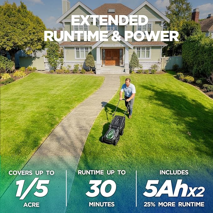 18" Electric Lawn Mower, 40V Cordless Lawn Mower with 2x5.0Ah Batteries, Brushless Motor, 2-in-1 Mulching & Bagging, 6-Position Height Adjustment, for Small to Medium Yards