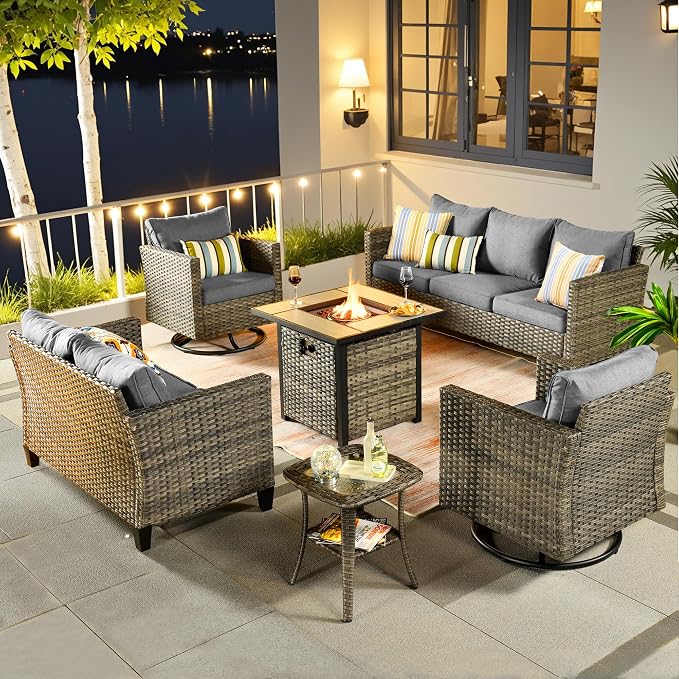 ovios 6 Pieces Patio Furniture Set with Square Fire Pit Table, Swivel Rocking Chairs, Loveseat, Outdoor High Back Wicker Rattan Conversation Set for Deck Porch, Dark Grey