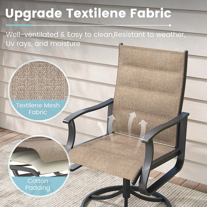 7 Pieces Patio Dining Set, Padded Patio Outdoor Furniture Set of 6 Patio Swivel Dining Chairs and Patio Spliced Rectangular Tabletop with Umbrella Hole, for Deck, Backyard, Poolside & Garden