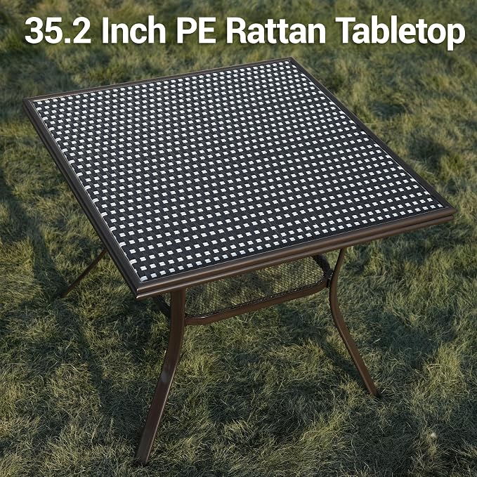 3-Piece Patio Dining Set, Outdoor French Country Bistro Table and Chairs, All-Weather Wicker Square Table & 2 Chairs w/Metal Frame, for Backyard Balcony, Black/White
