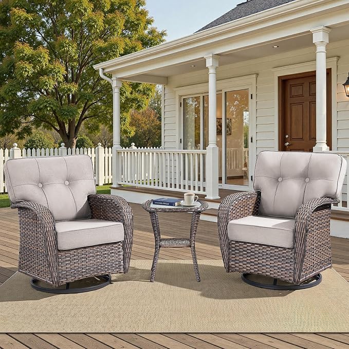 3-Piece Wicker Patio Furniture Set with 5-Inch Thick Cushions Weather Resistant Rattan High Back Swivel Rocker Chairs Senior Friendly Conversation Set for Small Porch Deck Sunroom Brown/Beig