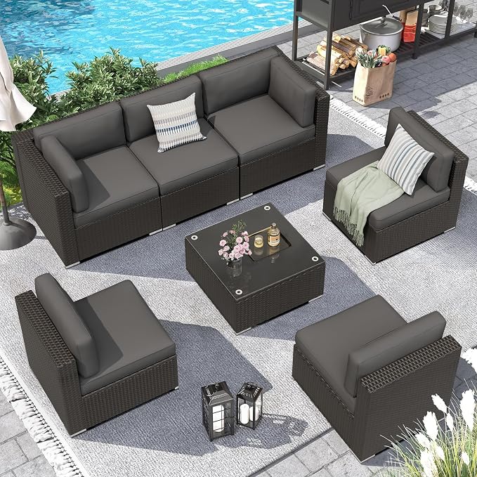 8 Pieces Outdoor Patio Furniture Set with Waterproof Cover, Black Brown Wicker Patio Sectional Sofa Set, Outdoor Couch with Cushion and Tempered Glass Table, Grey