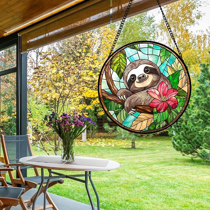 Stained Glass Window Hanging, Cute Sloth Sun Catcher for Door Home Decor Animal Suncatcher Christmas Mother's Day Birthday Gifts for Women Men Mom and Nana 7.8 in