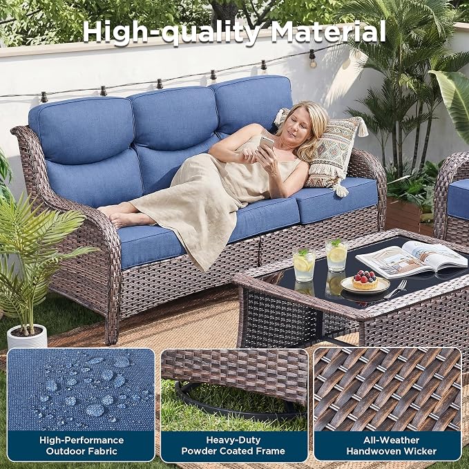 Luxury Patio Furniture Set with Fire Pit Table-6 Pieces All Weather Outdoor Swivel Rocker Chairs with Sofa and Ottomans. Outdoors Patio Conversation Sets for Porch Deck Garden Backyard(Brown/Blue)