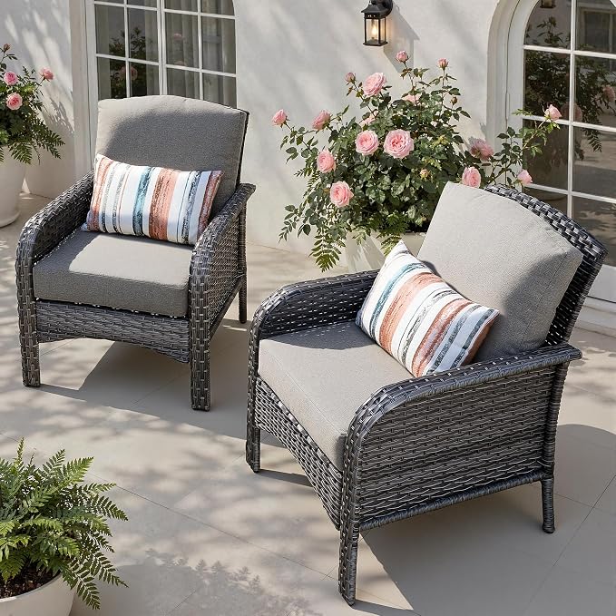 Patio Furniture Set, Outdoor Wicker Chairs of 2, Modern Rattan Outdoor Chairs Conversation Set, All Weather High Back Patio Sofa with Comfy Cushions for Porch, Balcony, Garden, Dark Gray