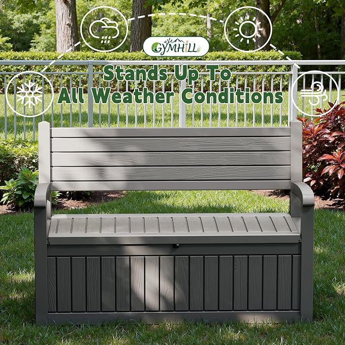80 Gallon Outdoor Storage Bench Spacious Storage Box Waterproof Resin Deck Box Lockable for Patio, Garden, Livig Room & Outdoor Spaces（Grey）