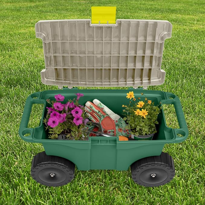 Rolling Garden Cart with Seat - Plastic Storage with Bench and Interior Tool Tray - Gardening Stool for Weeding and Planting By Pure Garden (Green)
