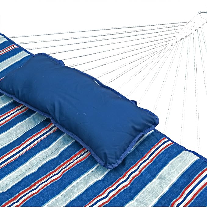 12 Foot Steel Hammock Stand with Cotton Rope Hammock Combo, Quilted Polyester Hammock Pad and Pillow Kingston Stripe