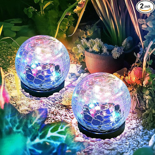 Solar Lights Outdoor for Yard Patio Porch, Garden Decor Birthday Gifts for Mom Women, Solar Globe Lights Waterproof Cracked Glass Ball Outdoor Decorations Balcony Backyard (2 Pack Multicolor)
