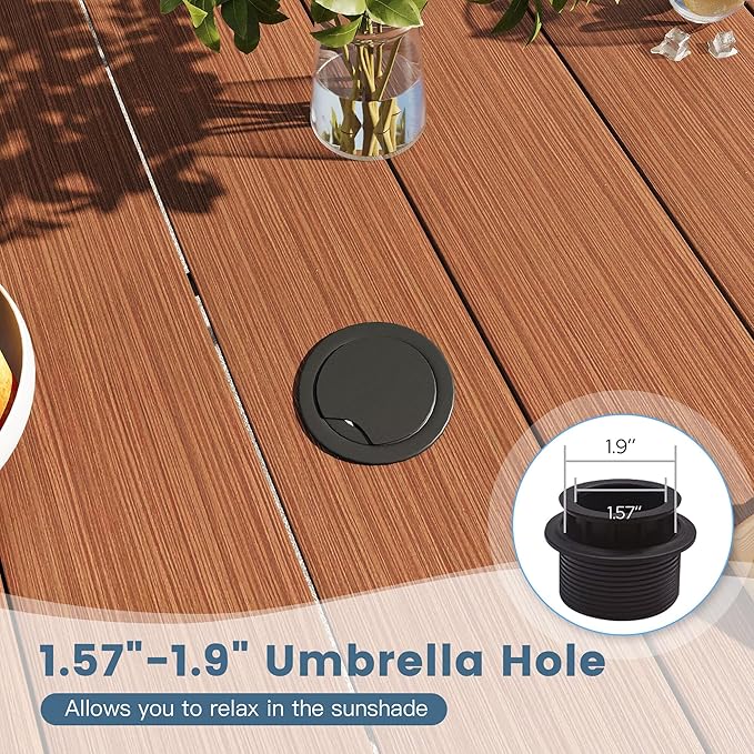 DIFY 9 Piece Outdoor Dining Set, 53" Walnut Round Metal Patio Table and Brown Textilene Stackable Chairs for 8, All Weather Patio Furniture Set with Umbrella Hole for Backyard Garden Deck