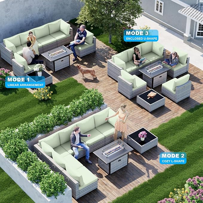 8-Piece Patio Furniture Set, Outdoor Patio Furniture with 55,000 BTU Fire Pit Table, Thick Cushions, Modular Patio Sofa, Dual-Strand Wicker Rattan, Rust-Resistant Frame, Light Green