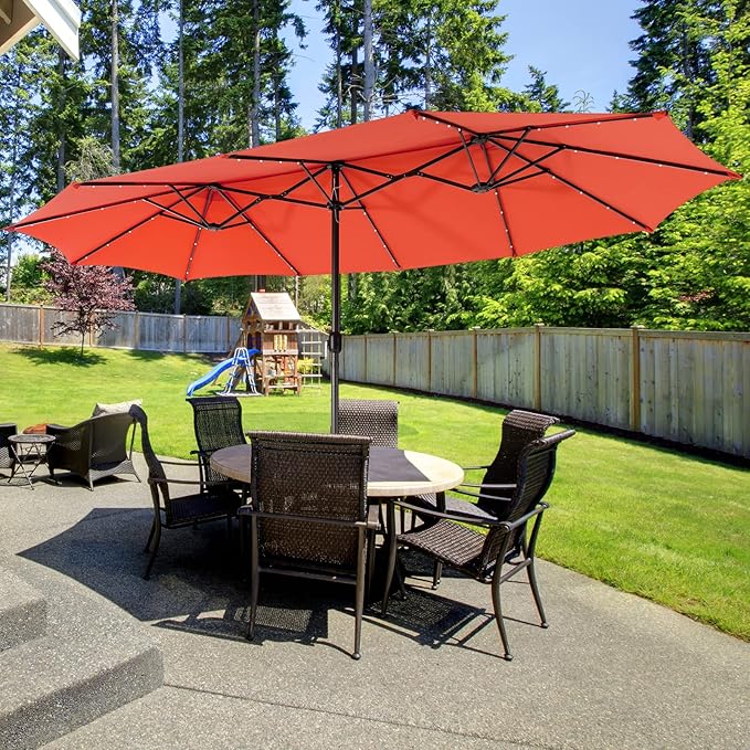 Giantex 15 FT Double Patio Umbrellas with 48 Solar LED Lights, Auto-Charging Panel, Crank System, Outdoor Extra-Large Rectangle Market Table Umbrella for Garden Deck Backyard Beach Pool