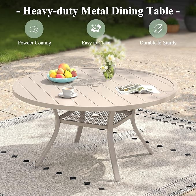 7 Pieces Outdoor Dining Set, Stackable Textilene Paito Chairs & 47.2" Round Dining Table with Umbrella Hole and Shelf, Patio Dining Set for Backyard, Deck, Garden, Sandshell