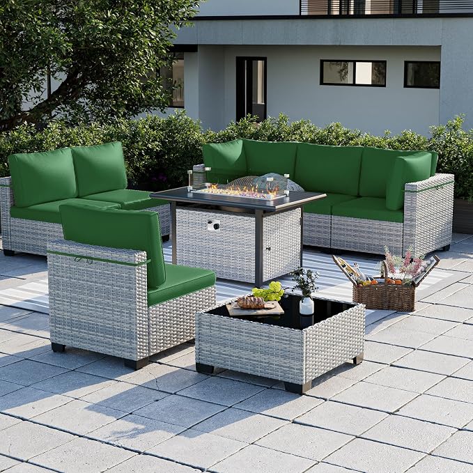 8-Piece Patio Furniture Set, Outdoor Patio Furniture with 55,000 BTU Fire Pit Table, Thick Cushions, Modular Patio Sofa, Dual-Strand Wicker Rattan, Rust-Resistant Frame, Dark Green