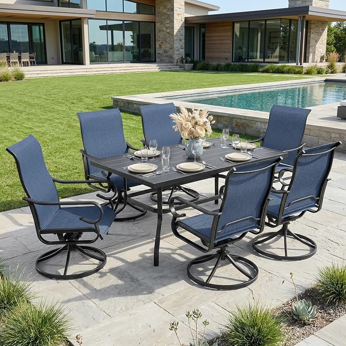 NUU GARDEN 7-Piece Patio Dining Set for 6, Textilene Swivel Chairs | All-weather blue patio furniture set for 6. Breathable textilene swivel rockers. Large table with umbrella hole