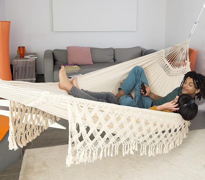 BYER OF MAINE Paradiso Hammock, Authentic Brazilian, Boho Style Natural, Recycled Cotton/Polyester Blend, Double, 142" L x 68" W, Holds up to 400lbs