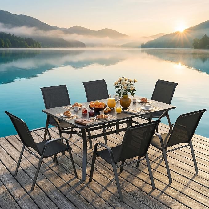KEIKI Waterproof Patio Table and Chairs for 6, 7-Piece Outdoor Patio Dining Set, 63" x 38" Rectangular Wood-Grain Metal Table with Umbrella Hole for Lawn Garden Backyard, Black