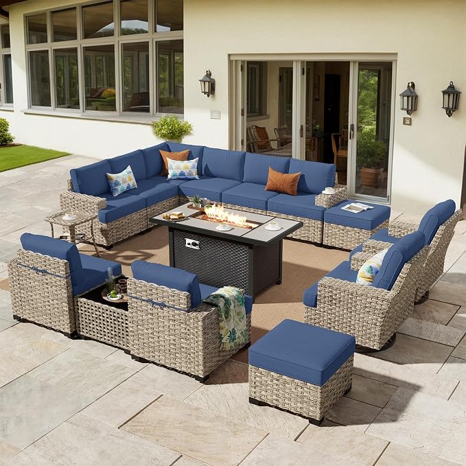HOOOWOOO Outdoor Sectional Patio Furniture Set with Fire Pit Table,15 Pieces Wicker Conversation Sets L Shaped Couch,Extra Deep Out Door Sofa Outside Furniture with Swivel Chair Ottoman,Denim Blue