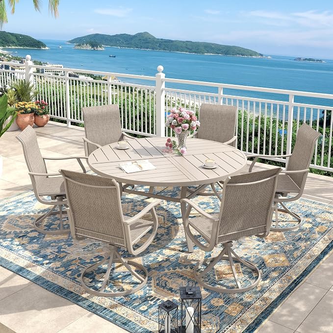 Outdoor Dining Set for 6, 50.1" Metal Round Outdoor Dining Table with Umbrella Hole and Patio Swivel Chairs, 7 Pieces Patio Table and Chairs Set for Garden Backyard, Sandshell