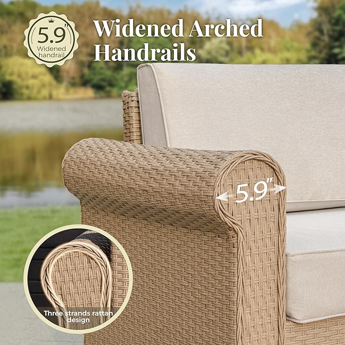 MIXPATIO Patio Furniture Set, 5 Piece Outdoor Rattan Wicker Sectional Sofa Couch Conversation Set with 5.5" Thick Waterproof Cushions and Coffee Table for Deck Backyard