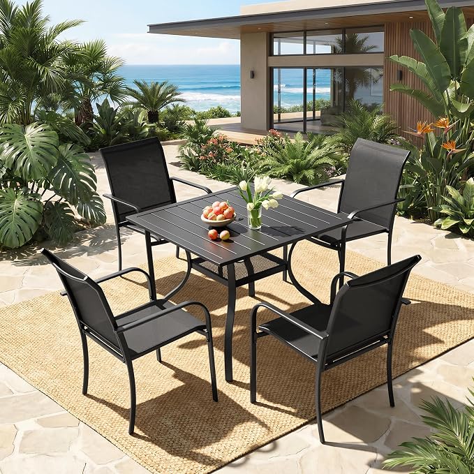 5-Piece Patio Dining Set,4 Person Outdoor Table and Chairs Set, 4 Metal Dining Chairs and Square Outdoor Table with 1.57" Umbrella Hole,Black